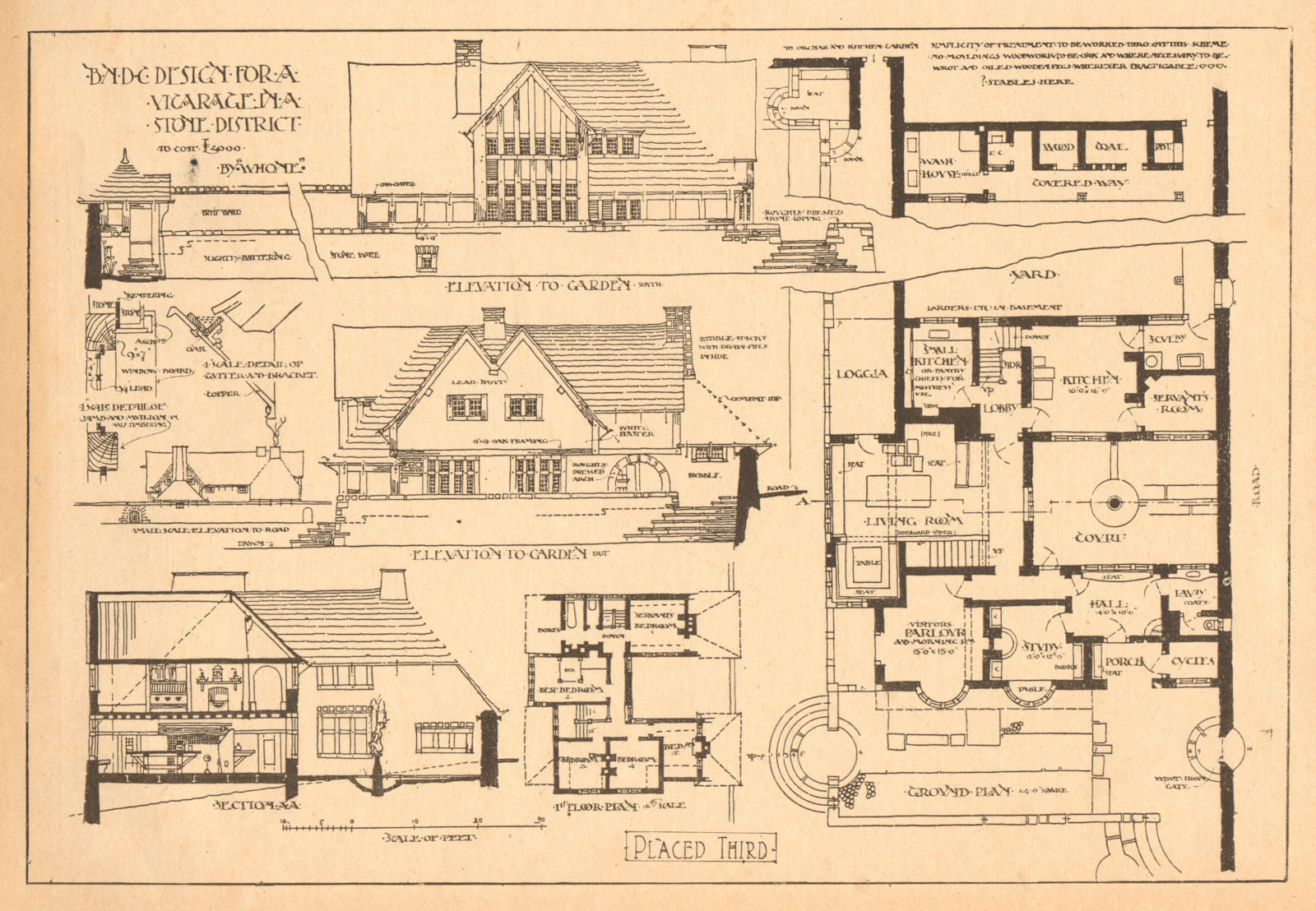 Design for a vicarage in a stone district by Whone. Plans & elevations 1902